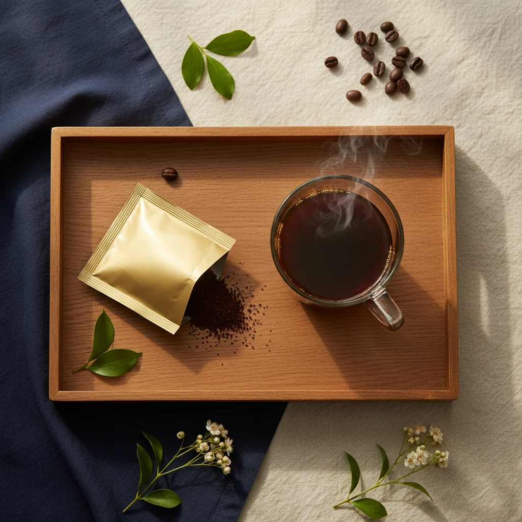 Warm morning flat-lay: coffee mug, botanical sprigs and sachets on wooden tray