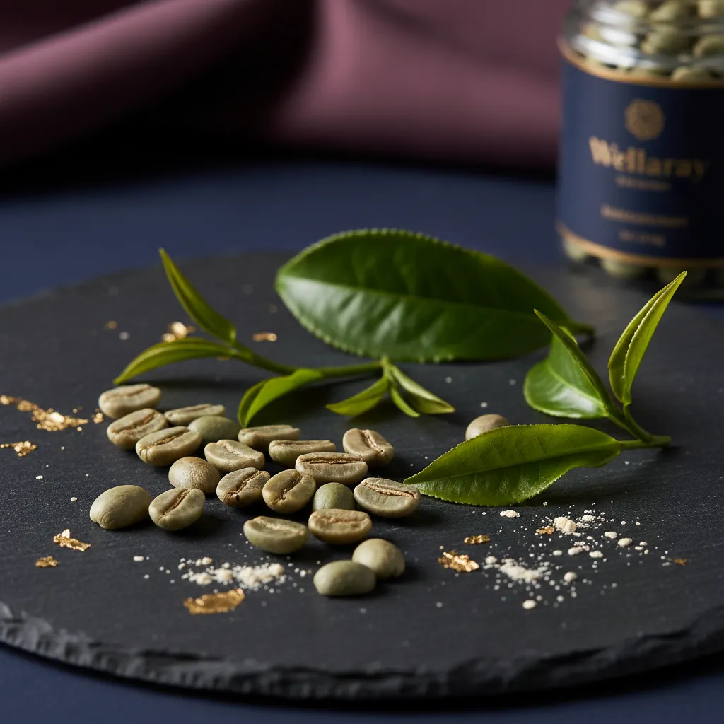 Green coffee beans and fresh green tea leaves on dark slate, close-up editorial macro