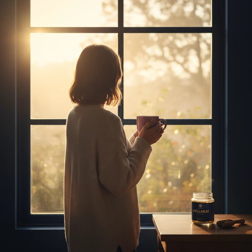 Anonymous person from behind, holding a warm mug at a bright window, morning light